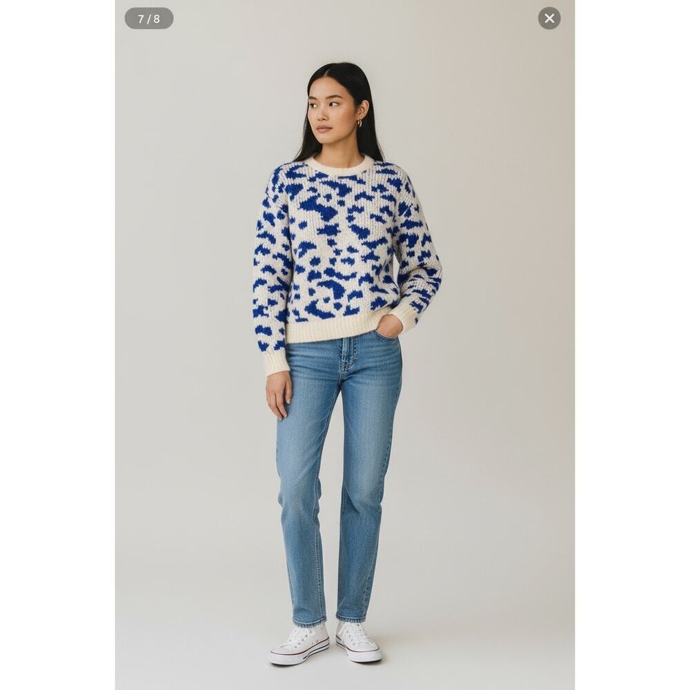 Mother Animal Print Crewneck Cropped Sweater Long Sleeve Blue White Size M NWT